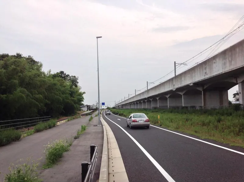 つくばエクスプレスの高架に沿った都市軸道路と、新しい街路灯