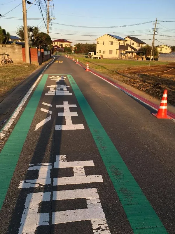 大野小学校への道。路面に「ゾーン」の文字と、両側に緑の色が塗られている